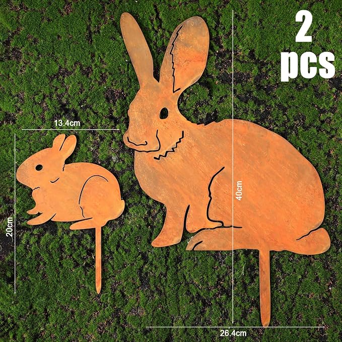 CroBlissful 2 Pack Mama and Baby Bunny Garden Stake, Metal Bunny Statue Realistic Long Ear Rabbit Animal Stake Pack Decorative Yard Stakes Garden Rabbit Statue Outdoor Flowerbed Outdoor Decor, Rust