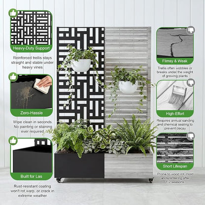 Casaphoria Metal Raised Garden Bed with Trellis and Wheels, 72"x47"x16" Planter Box for Climbing Plants, Vegetables & Vines, Features Drainage Holes and Privacy Screen (Black-Helen)