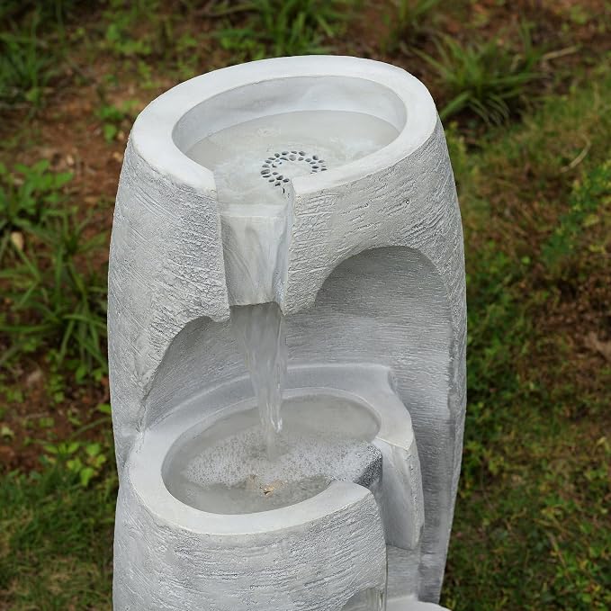 Teamson Home 3-Tier Cascading Urn Outdoor Water Fountain, Gray | Warm Glow Lighting, Adjustable Flow, Electric Pump