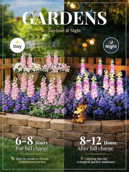 GIGALUMI Solar Lights Outdoor for Garden Decor, 2 Pack Solar Flower Lights Waterproof, 2 Lighting Modes Delphinium for Pathway,Yard, Patio, 4th of July Decoration, Gifts for Women (Pink)