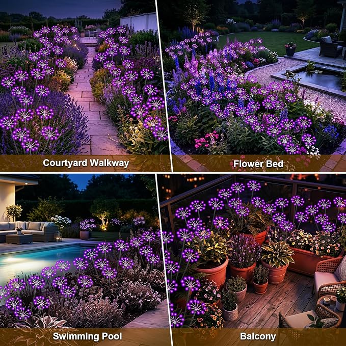 Solar Garden Lights Outdoor, 2 Pack New Upgraded Solar Swaying Starburst Light, Waterproof Fireworks Solar Lights, Yard Patio Pathway Decoration, Purple