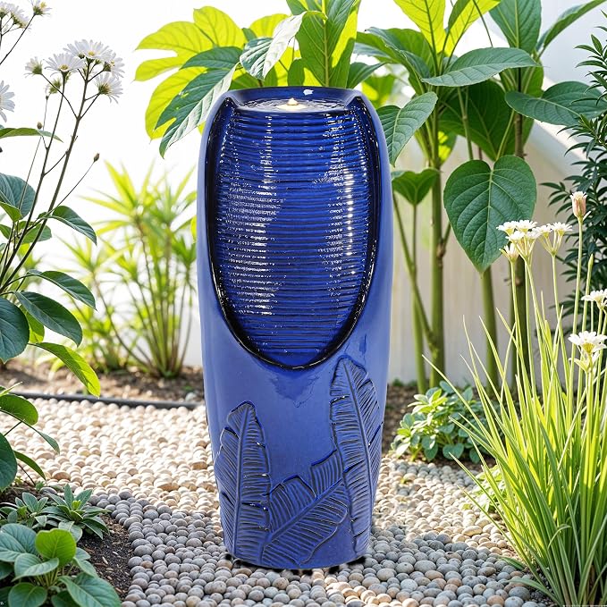 Autodaya 33" H Ceramic Jar Outdoor Water Fountain with Lights, Cobalt Blue | Natural Charm Water Feature with 3D Tropical Leaf Pattern, Soothing Cascading Waterfall for Peaceful Garden Patio Yard Porch