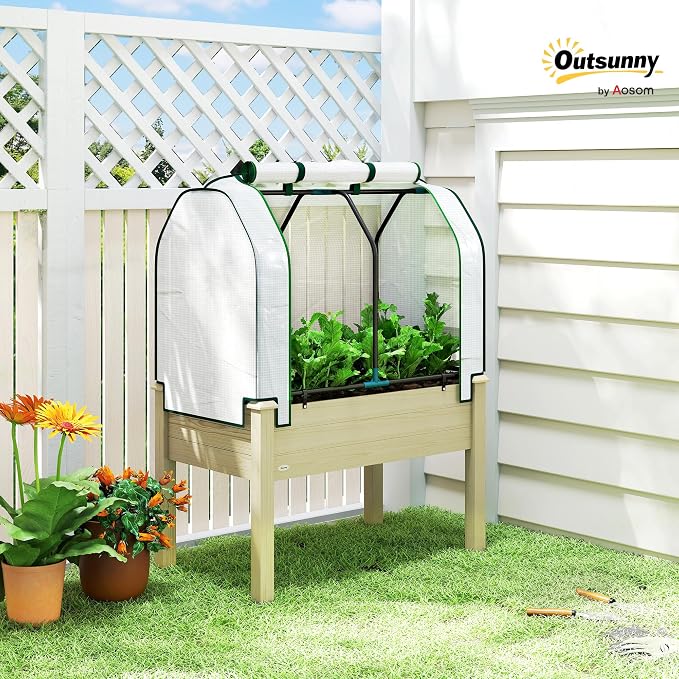 Outsunny Raised Garden Bed with PE Greenhouse Cover Outdoor Elevated Wood Planter Box for Herbs and Vegetables, Use for Patio, Backyard, Balcony, 35 x 22 x 47 inch, Natural