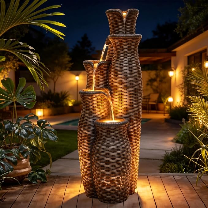 Autodaya 5-Tier Faux Rattan Vase Water Fountain Outdoor with LED Lights | Polyresin Cascading Waterfall Feature, Unique Natural Water Feature, Tranquil Oasis for Garden, Patio Yard Porch Decor, 33"H