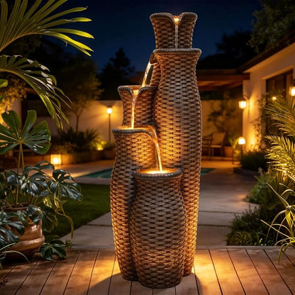 Autodaya 5-Tier Faux Rattan Vase Water Fountain Outdoor with LED Lights | Polyresin Cascading Waterfall Feature, Unique Natural Water Feature, Tranquil Oasis for Garden, Patio Yard Porch Decor, 33"H