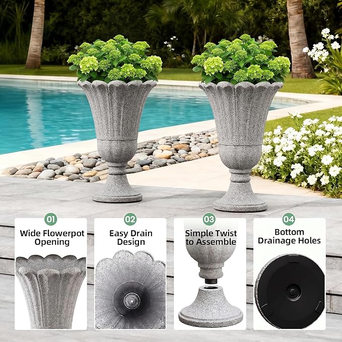 23.6" Tall Plastic Urn Planters for Outdoor Plants with Drainage Holes & Petal Design, Set of 2 Heavy-Duty Classic Indoor Large Flower Pots, Outdoor Planters for Porch/Home/Garden, Gray