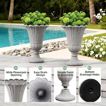 23.6" Tall Plastic Urn Planters for Outdoor Plants with Drainage Holes & Petal Design, Set of 2 Heavy-Duty Classic Indoor Large Flower Pots, Outdoor Planters for Porch/Home/Garden, Gray