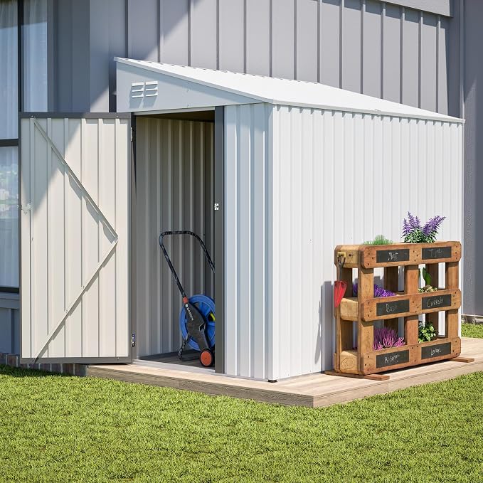 YOPTO 4×7 FT Outdoor Metal Storage Shed,Heavy-Duty Lean to Storage Shed with Lockable Door and Reinforced Beams,All Weather Waterproof Storage House W/2 Air Vents,for Backyard,Patio,Lawn,White