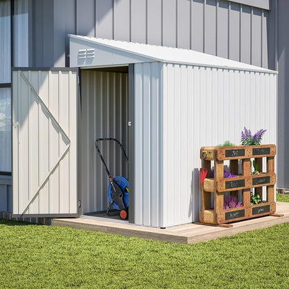 YOPTO 4x7 FT Lean to Storage Shed, Outdoor Metal Wall Side Storage Sheds with Lockable Door,Small Garden Tool Shed for Backayrd, Patio,Lawn,Easy Assembly,White