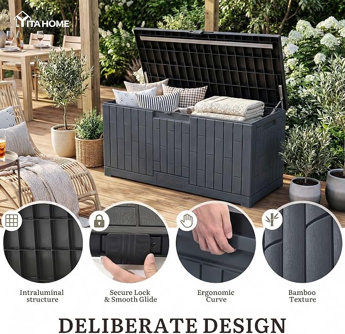 YITAHOME 120 Gallon Large Deck Box | 53"L x 22.7"W x 25.5"H Resin Outdoor Storage Box with Slide-Locking Black Lid for Patio Cushions, Garden Tools, Pool
