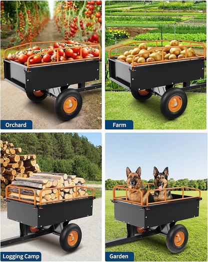 GarveeLife Heavy Duty ATV Trailer Steel Dump Cart, 750 LBS 15 Cubic Feet, Garden Utility with Removable Sides for Riding Lawn Mower Tractor