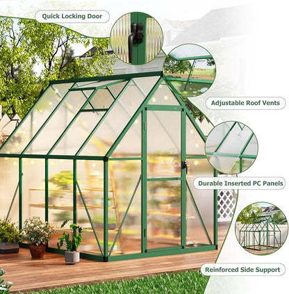 CABIHOME 8x12 FT Outdoor Greenhouse, Polycarbonate Greenhouse with Roof Vent and Ground Nails, Aluminum Large Walk-in Green House w/ Lockable Push Door for Outdoor Garden (Green, 6x7 FT)