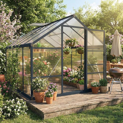 Garvee 8x10ft Walk-in Greenhouse, Heavy Duty Large Outdoor Green House | Polycarbonate Garden Greenhouse with Roof Vent, Lockable Outward-Opening Swing Door & Aluminium Frame for Backyard, Grey
