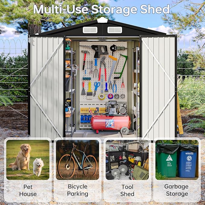 6x4FT Outdoor Storage Shed with Base Black | Metal Garden Tool Shed with Sloping Roof & Lockable Door for Garden, Patio, Backyard