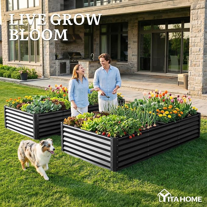 YITAHOME 8x4x1.5 ft Galvanized Raised Garden Bed Kit, Large Metal Planter Box with Gloves, Safety Rubber & Support Rod, Outdoor Flower Bed for Plants Vegetables, Black
