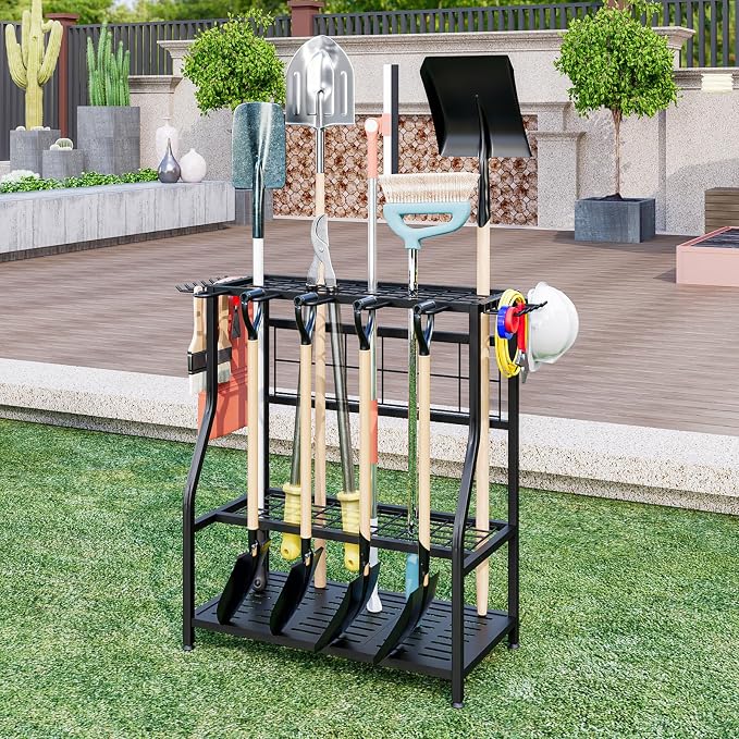 Garden Tool Organizer Yard Tool Tower Rack Shed Organization | Garage Organizers Yard Tool Organizer Heavy Duty Storage up to 60 Long Handled Sturdy Metal Steel Holder with Hooks