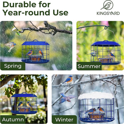 Kingsyard Bluebird Feeders for Outdoors Hanging, All Metal, Cage Mealworm Bird Feeder with Tray, Squirrel Proof & Weatherproof, Easy to Refill & Clean (Blue)