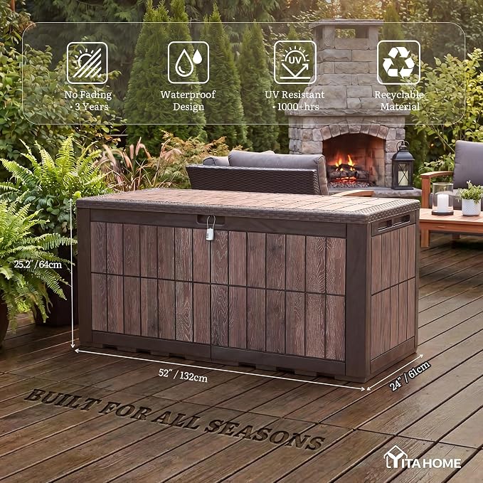 YITAHOME 134 Gallon Large Deck Box | Waterproof Resin Outdoor Storage Box with Lock, Doubles as Bench Seating for Patio Furniture Cushion, Garden Tools &Pool