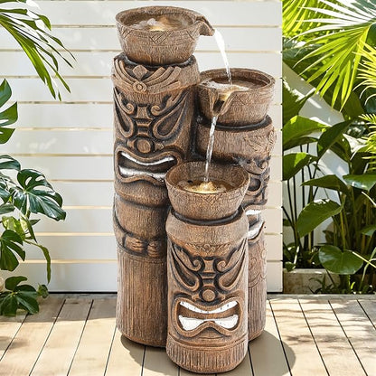 31" H Tiki Statue Outdoor Water Fountain with LED Lights | Unique 3-Tier Tropical Resin Water Feature with Soothing Cascading Waterfall for Patio, Backyard, Garden or Porch
