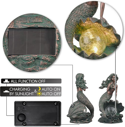 TERESA'S COLLECTIONS Mermaid Garden Statues with Solar Outdoor Lights for Outdoor Decor, Bronze Patina Fairy Sculptures & Statues Christmas Decorations, Garden Decor Gifts for Mom Yard Decor, 13"