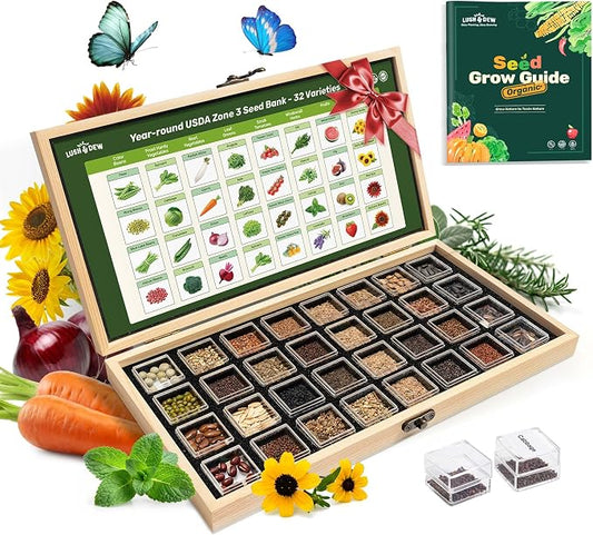 USDA Zone 3 Seed Bank, Gardening Gifts for Women Men, 32 Type Non-GMO Seeds | 30,000+ Heirloom Seeds for Planting Vegetables Herbs Fruits, Year Round Survival Seed Vault Kit, Raised Garden Bed Greenhouse