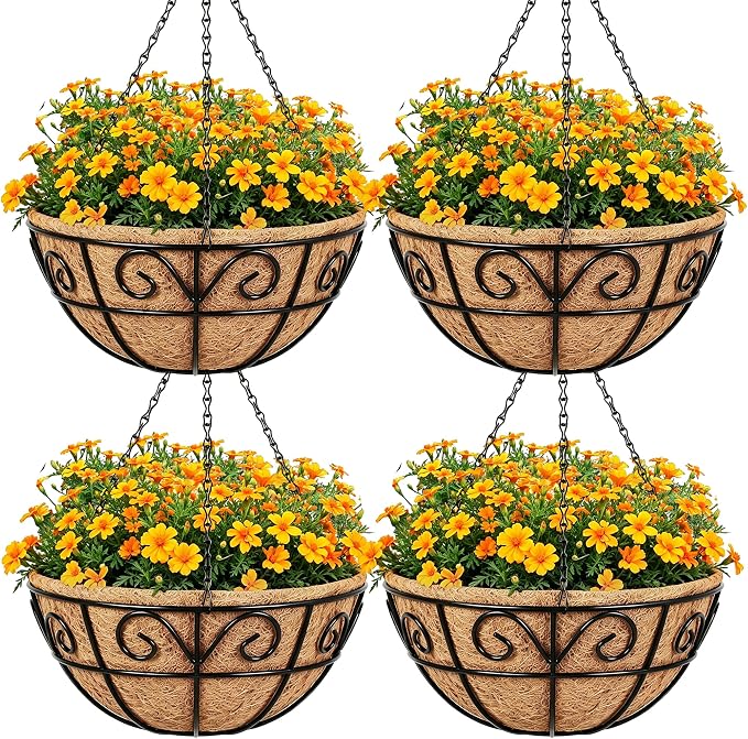 Amagabeli 4 Pack 14 Inch Metal Hanging Baskets Planter Outdoor Round Wire Hanging Basket for Plants with Coco Fiber Liners Chain Plant Holder for Garden Patio Deck Porch Plants Vegetables Flower Pots