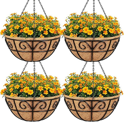 Amagabeli 4 Pack 14 Inch Metal Hanging Baskets Planter Outdoor Round Wire Hanging Basket for Plants with Coco Fiber Liners Chain Plant Holder for Garden Patio Deck Porch Plants Vegetables Flower Pots