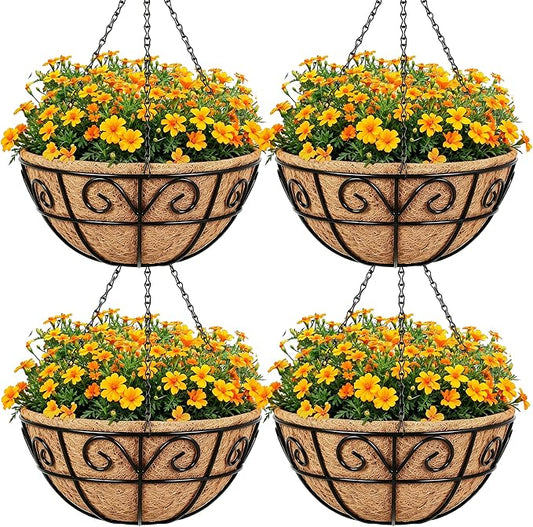 Amagabeli 4 Pack 14 Inch Metal Hanging Baskets Planter Outdoor Round Wire Hanging Basket for Plants with Coco Fiber Liners Chain Plant Holder for Garden Patio Deck Porch Plants Vegetables Flower Pots
