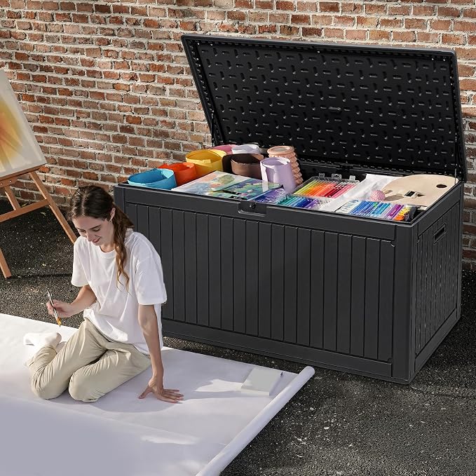 DWVO 320 Gallon Double-Wall Deck Box with Divider, XXL Extra Large Resin Outdoor Storage Box, Lockable & Waterproof, Double as Seating, 1000lbs Capacity (Black)