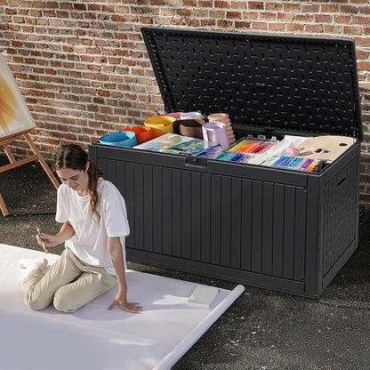 DWVO 320 Gallon Double-Wall Deck Box with Divider, XXL Extra Large Resin Outdoor Storage Box, Lockable & Waterproof, Double as Seating, 1000lbs Capacity (Black)