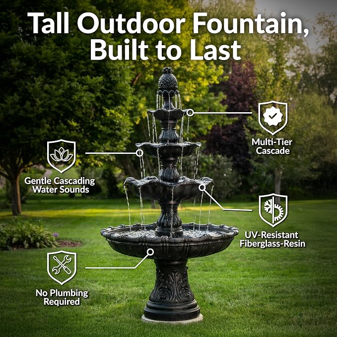 Sunnydaze Grand Courtyard 4-Tier Large Outdoor Water Fountain - 80" Tall Outdoor Fountain - Tiered Electric Garden Water Feature for Patio, Backyard, or Yard - Faux Stone Resin - Black