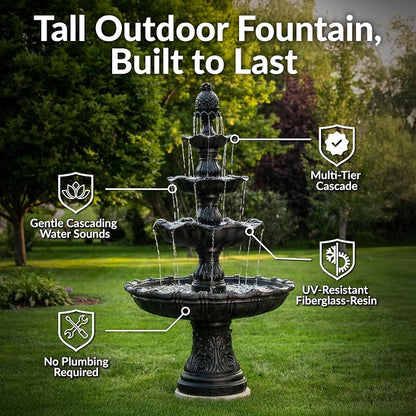 Sunnydaze Grand Courtyard 4-Tier Large Outdoor Water Fountain - 80" Tall Outdoor Fountain - Tiered Electric Garden Water Feature for Patio, Backyard, or Yard - Faux Stone Resin - Black