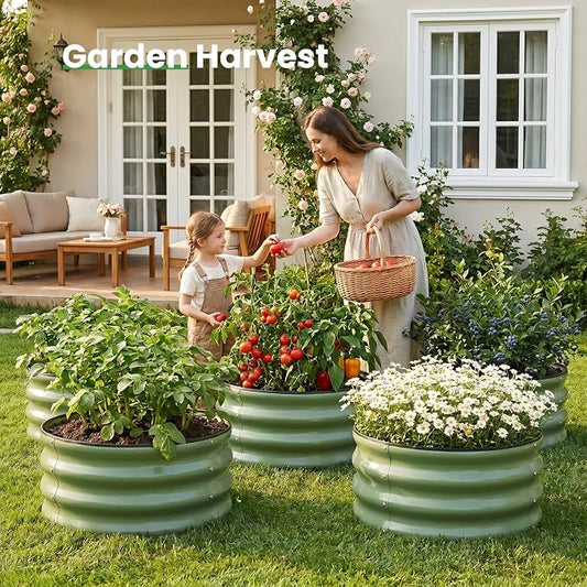 WILLOW WEAVE 4 Pcs Round Raised Garden Bed Outdoor, 2x2x1ft Circle Garden Bed, Galvanized Raised Planter Box for Gardening, Metal Raised Beds for Flower, Vegetable, Herb, OliveGreen