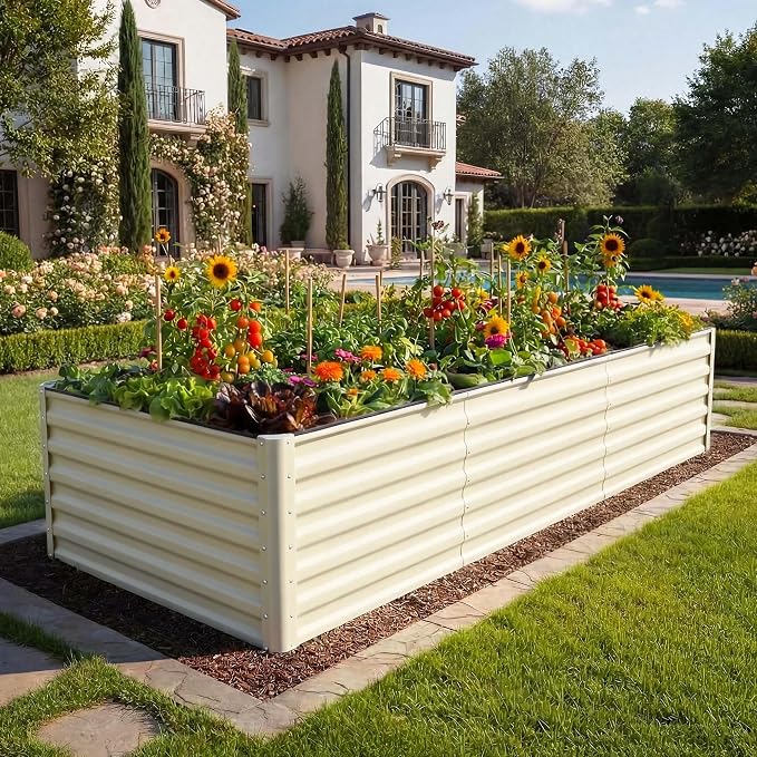 YITAHOME 2pcs 8x4x2ft Large Raised Garden Bed Kit, Galvanized Metal Planter Box with Gloves & Safety Rubber, Outdoor Above Ground Planters for Plants Vegetables Flowers, Cream Yellow