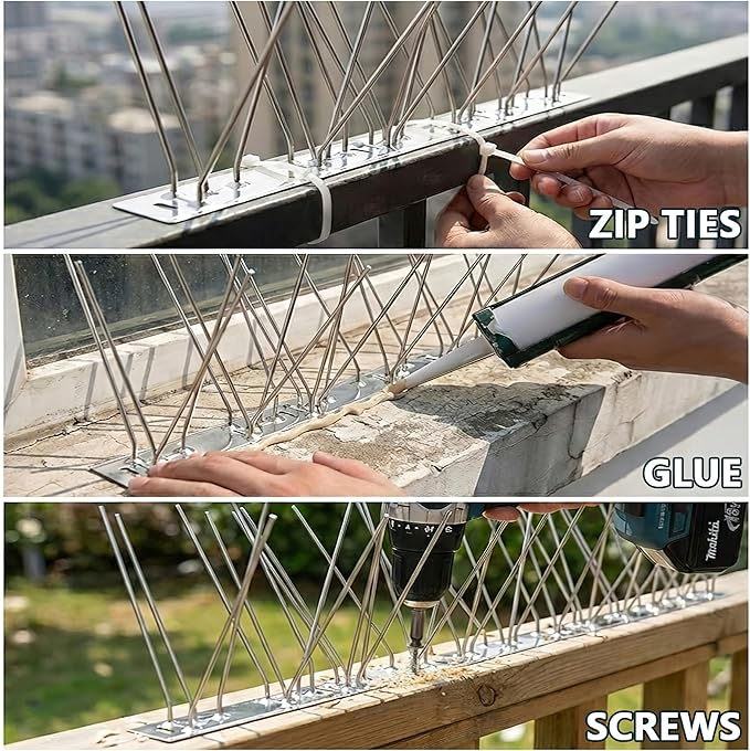 Stainless Steel Bird Spikes for Outside,Anti Bird Deterrent Spikes for Woodpeckers, Squirrels, Raccoons，Weatherproof Fence Spikes for Roof, Railing,Patio, 9.84 Feet
