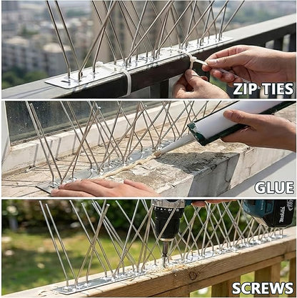 Stainless Steel Bird Spikes for Outside,Anti Bird Deterrent Spikes for Woodpeckers, Squirrels, Raccoons，Weatherproof Fence Spikes for Roof, Railing,Patio, 9.84 Feet