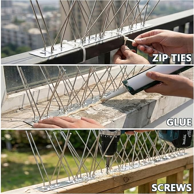 Stainless Steel Bird Spikes for Outside, Anti Bird Deterrent Spikes for Woodpeckers, Squirrels, Raccoons，Weatherproof Fence Spikes for Roof, Railing,Patio, 16.4 Feet