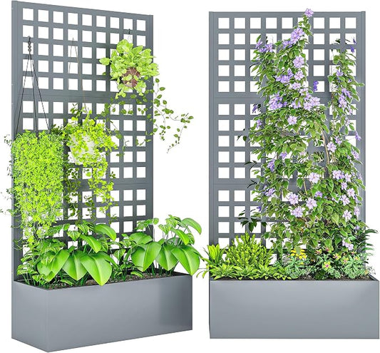 Outsunny Galvanized Raised Garden Bed with Trellis, Metal Planter Box with Drainage Holes, Outdoor Privacy Screen for Climbing Plants, Vegetable, Vines, 35" x 16" x 70", 2 Pack, Gray Wood Effect