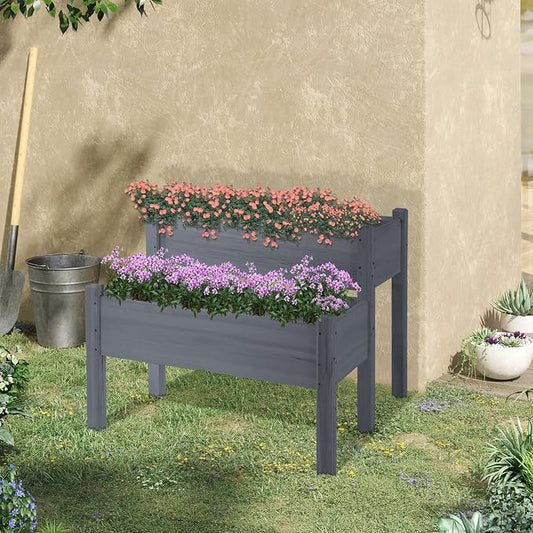 Outsunny 34"x34"x28" Raised Garden Bed, 2-Tier Elevated Wood Planter Box for Backyard, Patio to Grow Vegetables, Herbs, and Flowers, Gray
