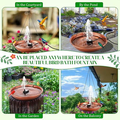 24.8 Extra Large Hanging Bird Bath with 8W Fountain Pump, 14" Copper Metal Bird Bath Bowl with Adjustable 3 Water Flow Modes and 2 Spray Nozzles, Birdbath Feeder for Outdoor Garden Backyard Patio Lawn