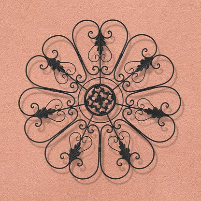 Glitzhome Outdoor Metal Wall Art Decor, Large Wrought Iron Scroll Wall Decor with Floral Design, Matte Black Finish, 23.75" D Exterior Garden Patio Porch Wall Decor