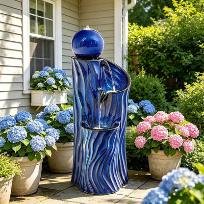32" H Ceramic Outdoor Water Fountain with LED Lights, 3-Tier Cascading Sphere Water Feature, Tranquil Waterfall for Relaxing Garden, Patio, Yard, or Porch, Cobalt Blue, Dynamic Wave-Texture