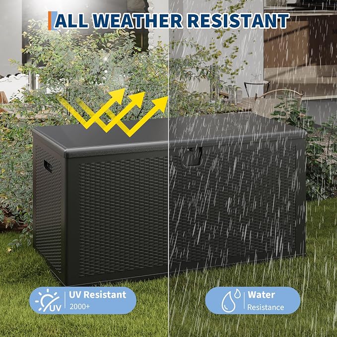 IDEALHOUSE 150 Gallon Resin Deck Box, Waterproof Outdoor Storage Box with Lockable Lid & UV Resistant, Patio Furniture Cushion Storage Container for Garden, Backyard, Poolside (Black)