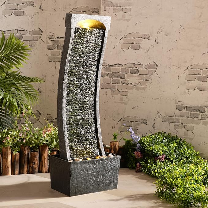 Teamson Home 38.58 in. Modern Curved Faux Slate Waterfall Fountain for Indoors or Outdoors with LED Light Accents and 1.98-Gallon Pump, Black and Stone Gray | Freestanding Floor Garden Waterfall, LED Lights, Weatherproof Polyresin, For Patio & Yard