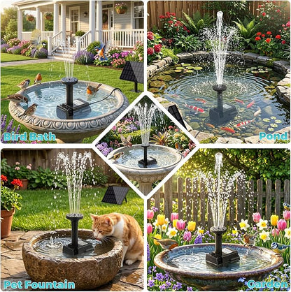 Solar Powered Fountain Pump, DIY Solar Water Pump Kit with 9.84FT Power Cord & 4 Nozzles, 2W Solar Fountain for Bird Bath, Patio, Garden, Small Pond