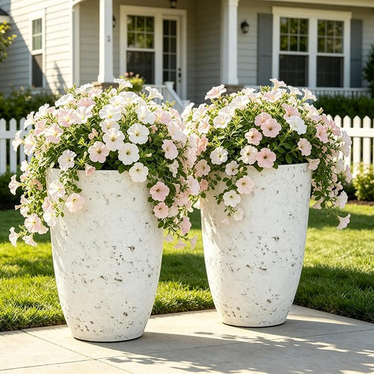 19.5" Tall Resin Planters Set of 2, Faux Birch Bark, White | Resin flower pot, weather and fade resistant, pre-drilled drainage with plugs,Heavy-Duty,indoor outdoor, porch patio garden
