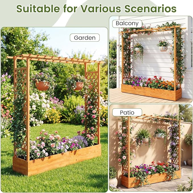 S AFSTAR 77-Inch Raised Garden Bed with Arch Trellis, Hanging Roof & Drainage Holes, Vertical Plant Container for Vine Climbing Plant Flower, Indoor Outdoor Wood Elevated Planter Box for Garden