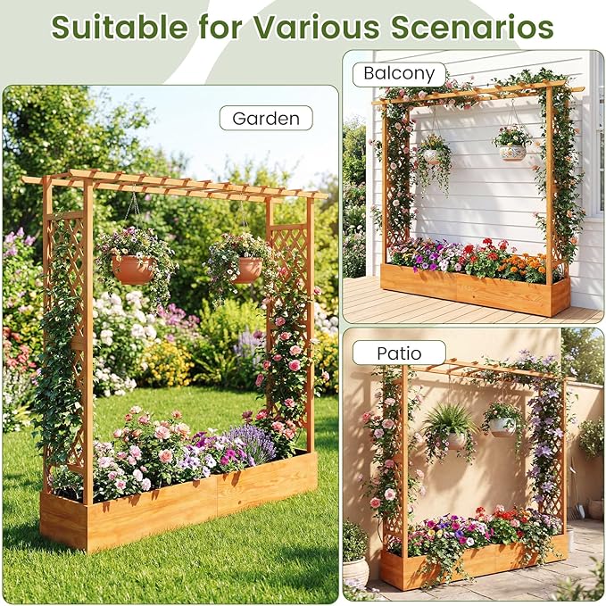 S AFSTAR 2 Pieces Raised Garden Beds with Arch Trellis, Hanging Roof & Drainage Holes, 77-Inch Vertical Plant Container for Vine Climbing Plant Flower, Outdoor Wood Elevated Planter Box for Garden