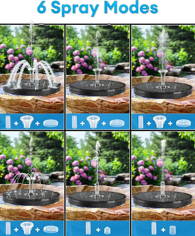 3.5W Solar Fountain,Upgraded 100% Glass Panel Solar Bird Bath Fountain with 2000mAh Battery,7 Color RGB LED Lights & 6 Nozzles,Solar Fountain for Bird Bath,Garden, Pond, Pool, Outdoor Decor(Black)
