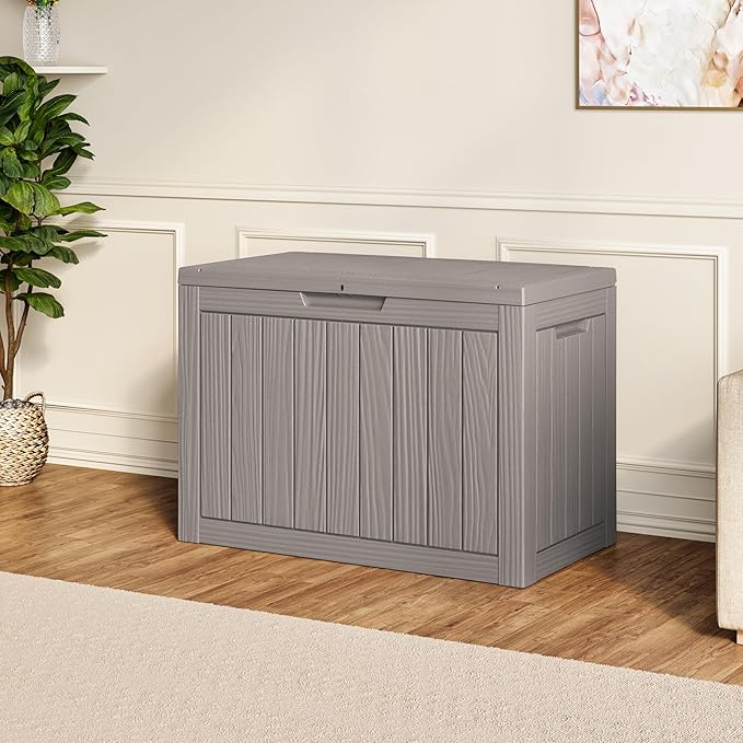 Outdoor Storage Box, 55 Gallon Resin Deck Boxes Outdoor Waterproof For Patio Furniture, Garden Tools, Pool Supplies, Lockable And UV Resistant (Striped Gray)